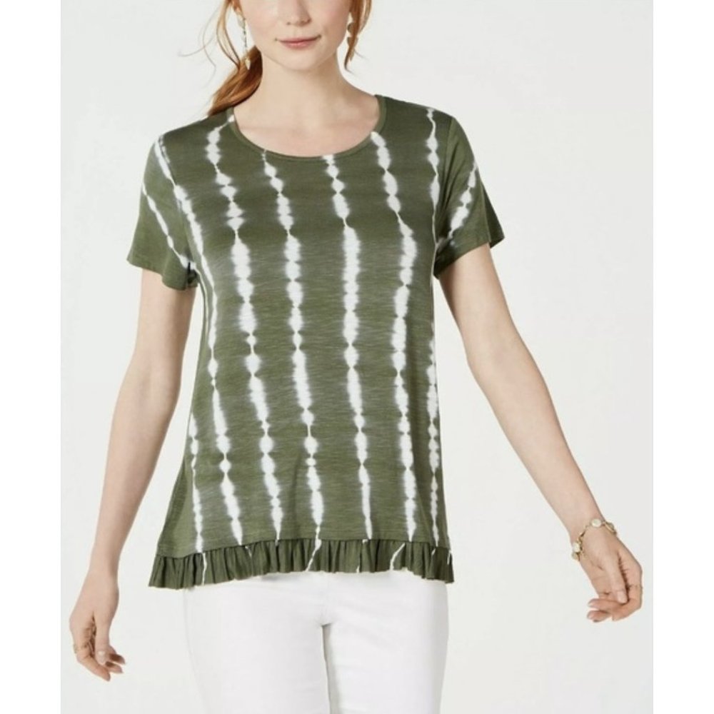 NWT Style & Co Women's Green Ruffle Hem Tie Dyed Top PL